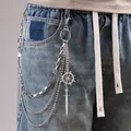 Multi-layer silver metal pants chain with rudder and sword pendants on denim pants - Sword and Rudder Multi-Layer Pant Chain / Silver