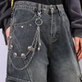 Catena per jeans punk multistrato con teschi in metallo argento e moschettoni a molla - Nuova catena per pantaloni a doppio strato con teschi / Argento