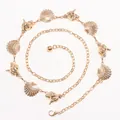 Detail of golden metal waist chain with seashell and conch charms in spiral layout - Single Layer Conch Shell Style / Gold