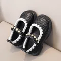 Classic black woven Mary Jane shoes for girls with white lace and pearl strap - Size 21 (Inner 13.5cm) / Black
