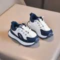 Kids navy and white leather sneakers with non-slip thick soles and lace-up design - EU 21 / Blue