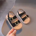 Kids dual-strap beach sandals with golden buckles and non-slip soft soles in black and beige - Size 21 Inner Length 13.5CM / Black