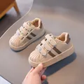 Kids leather sneakers with velcro shell toe design in beige and brown finish - EU 21 / Khaki