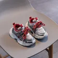 Kids chunky sneakers in silver mesh with red laces and breathable lining - Size 21-25 / Burgundy