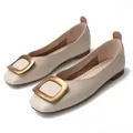 Women's minimalist square toe flat shoes in beige with decorative gold metal buckle - EU 34 / Apricot