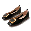 Elegant black square toe flat shoes with a large matte gold buckle and brown sole - EU 34 / Black