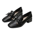 Women's black matte loafers with square toe and knotted bow detail on a low block heel - EU 34 / Black