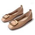 Classic beige square toe flats with a decorative large vintage bronze metal buckle - EU 34 / Brown