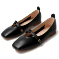 Classic black square-toe Mary Jane flats with matte leather finish and gold buckle strap - EU 34 / Black