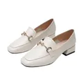 Chic cream-white square toe loafers for women with a low block heel and gold horsebit detail - EU 34 / Apricot