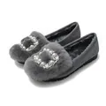 Women's dark grey faux suede loafer shoes with plush rabbit fur and rhinestone buckle - EU 34 / Gray