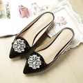 Black pointed-toe mule slippers with sparkling crystal square buckle in glossy finish - EU 38 / Black