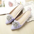 Elegant lavender pointed-toe mule flats with rhinestone buckle and bow accent - EU 38 / Purple