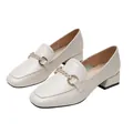 Creamy white square toe loafers for women featuring a gold rhinestone chain buckle - EU 34 / Apricot