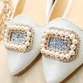 White pointed-toe flat sandals featuring a pearl-encrusted buckle with blue glitter accents - 38 / Square Pearl Buckle Style (A1-3) / White