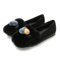 Women's black suede faux fur loafers with colorful pom-poms and thick plush lining - EU 34 / Black