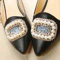 Elegant black pointed-toe flat sandals with pearl and rhinestone buckle decoration - 38 / Square Pearl Buckle Style (A1-3) / Black