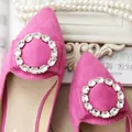 Elegant fuchsia suede flat shoes for women with sparkling crystal rhinestone buckle - Pink