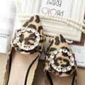 Elegant pointed-toe flat shoes with leopard print pattern and sparkling rhinestone buckle - Leopard Print