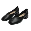 Classic black square toe chunky heel loafers for women with retro V-neck cut design - EU 34 / Black