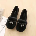 Women's black faux fur loafers with ribbon bow and warm plush lining for winter - EU 34 / Black