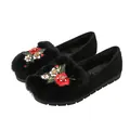 Black faux suede flat shoes with plush fur trim and floral embroidery patterns - EU 34 / Black