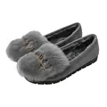 Women's grey faux fur rabbit hair loafers with velvet upper and rhinestone M buckle - EU 34 / Gray