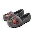 Dark grey faux suede winter loafers with plush fur lining and floral embroidery - EU 34 / Gray