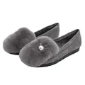 Women's dark gray faux fur loafers with pearl accent and slip-on flat design - EU 34 / Gray