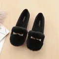 Women's warm black faux fur loafers with a gold butterfly metal buckle for autumn - EU 34 / Black