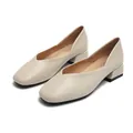 Women's chic beige square toe block heel loafers with elegant deep V-cut matte finish - EU 34 / Apricot