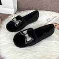 Women's black rabbit fur loafers with rhinestone bow and thick fleece lining - EU 34 / Black