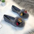 Grey winter faux suede loafers for women with colorful fringe and warm plush lining - EU 34 / Gray