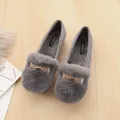 Gray plush flat shoes for women featuring elegant golden metal bow details - EU 34 / Gray