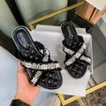 Women's black tweed slide sandals with pearl embellishments and quilted footbed - 34 / Black