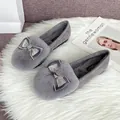 Grey plush loafers for women with rabbit fur, bowknot decoration and sparkly rhinestones - EU 34 / Gray