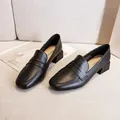 Classic black square toe chunky heel loafers for women with a polished leather finish - EU 34 / Black