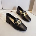 Women's black loafers with square toe and matte gold metal buckle decoration - EU 34 / Black
