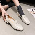 Women's square toe block heel loafers in beige matte finish with penny strap - EU 34 / Apricot