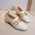 Beige square toe loafers with chunky heels and elegant matte gold metal buckle - EU 34 / Apricot