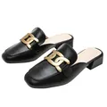 Women's black flat mule shoes with chunky gold chain hardware and a low block heel - EU 34 / Black