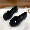 Black velvet loafers featuring a large faux fur pompom and decorative pearl on thick soles - EU 34 / Black