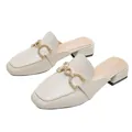 Beige mule slippers for women with square toe and rhinestone metal horsebit buckle - EU 34 / Apricot