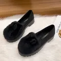 Black platform loafers with plush rabbit fur pom-poms and cute bunny ear design - EU 34 / Black