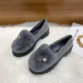 Gray platform fuzzy loafers with plush pom-pom and pearl detail on thick rubber sole - EU 34 / Gray