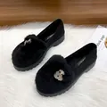 Black velvet loafers with faux fur and rhinestone fox buckle on thick rubber soles - EU 34 / Black