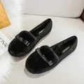 Women black suede loafers with rabbit fur trim, fleece lining and decorative bow detail - EU 34 / Black