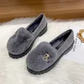 Gray plush loafers featuring rhinestone fox buckle and thick non-slip rubber soles - EU 34 / Gray