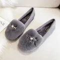 Gray rabbit fur loafers for women with pearl and star buckles in a plush slip-on design - EU 34 / Gray