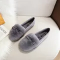 Plush grey rabbit fur loafers for women with a satin bow and warm lining design - EU 34 / Gray